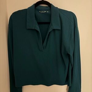 Abercrombie & Fitch Dark Green/Teal Long Sleeve Top with Collared V-Neck Medium